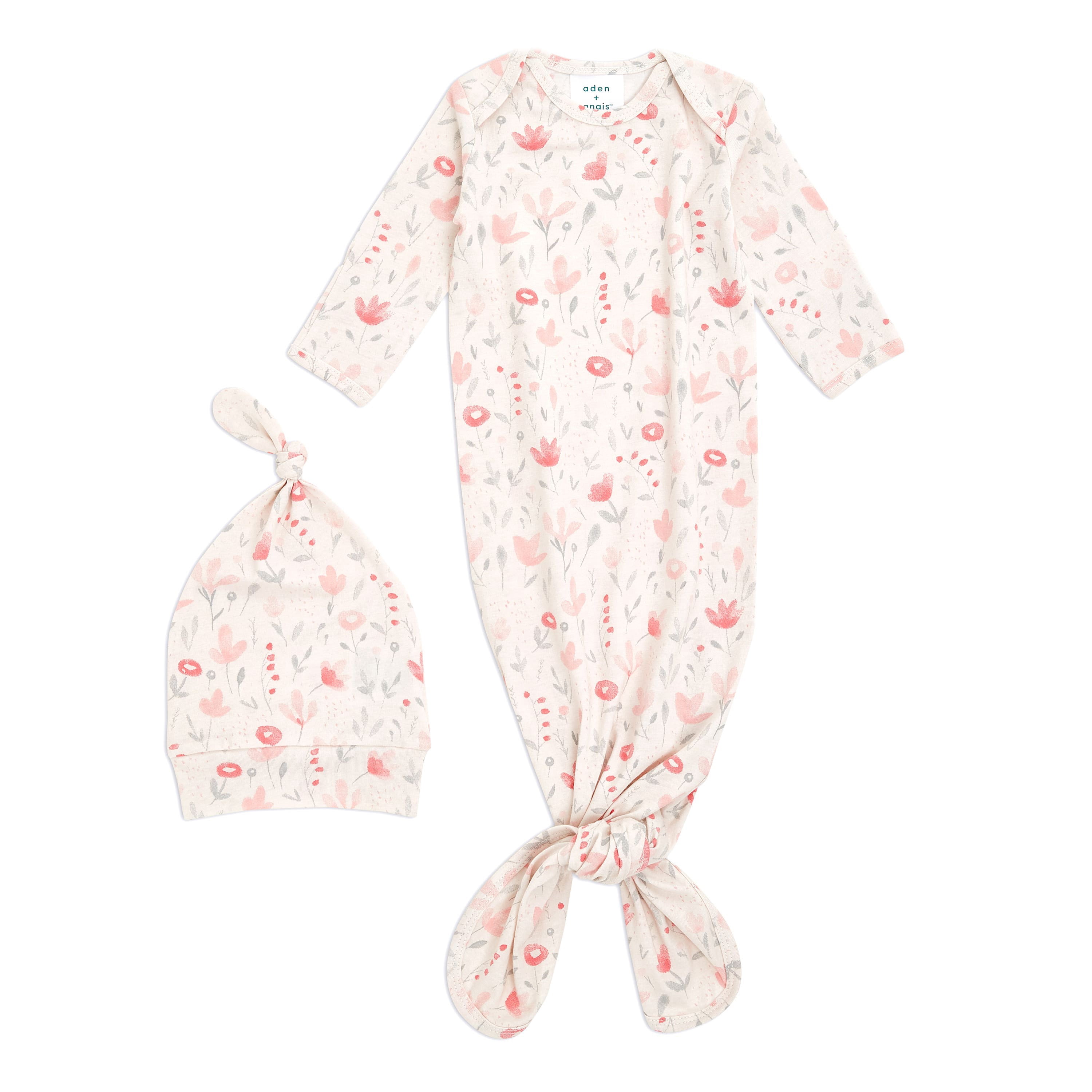 aden + anais Comfort Knit Knotted Newborn Baby Gown and Hat, 2 Piece Set, 0-3 Months Perennial