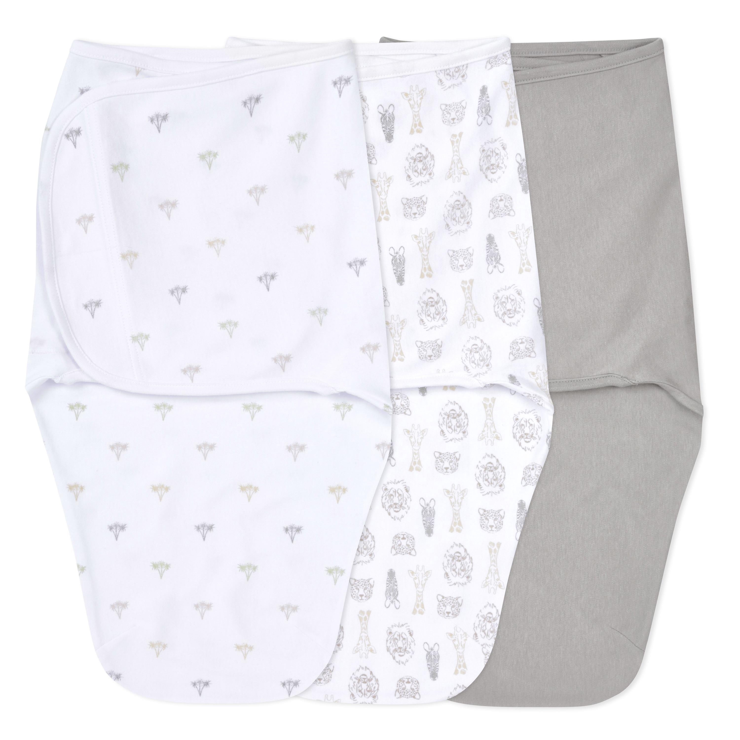 aden + anais Essentials No Zip Wrap Swaddles, On Safari, Grey, Unisex, Neworn, 0-3 Months, 3-Pack