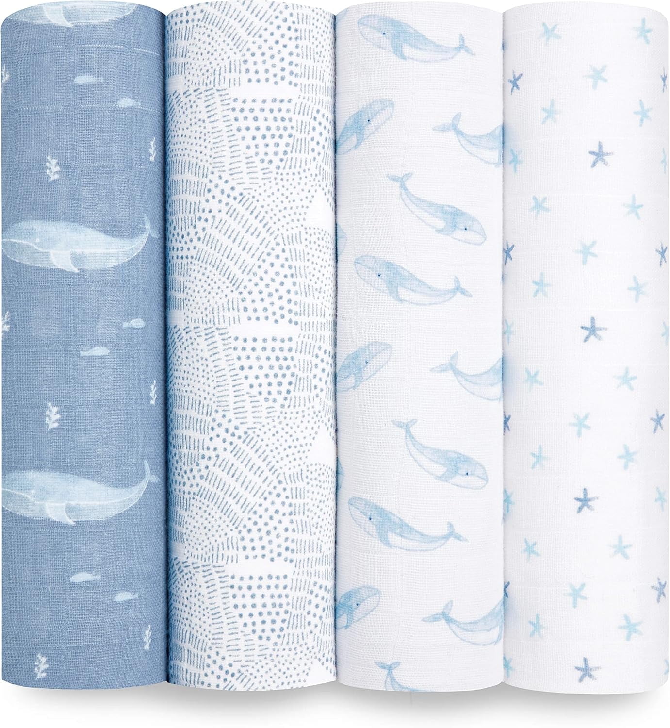 aden + anais Organic Cotton Muslin Swaddle Blanket, Blue Oceanic, Unisex, 4-Pack