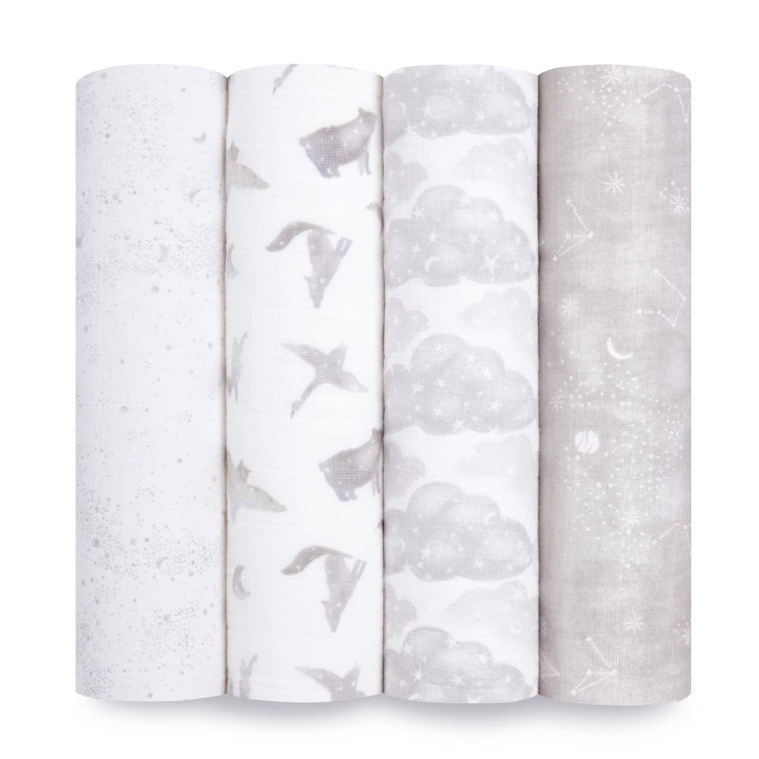 aden + anais Organic Cotton Muslin Swaddle Blanket, Grey Map the Stars, Unisex, 4-Pack
