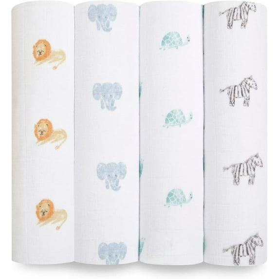aden + anais Organic Cotton Muslin Swaddle Blanket, Multi Animal Kingdom, Unisex, 4-Pack
