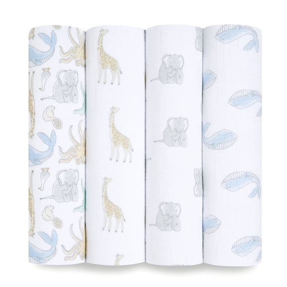 aden + anais Essentials 100% Muslin Cotton Swaddle Blanket, Unisex, 4 Pack, Natural History