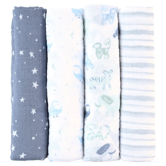 aden + anais essentials, 100% Muslin Cotton Swaddle Blanket, Male, 4 Pack, Time To Dream
