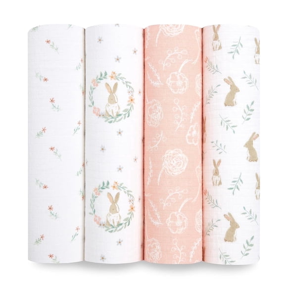 aden + anais essentials Cotton Muslin Swaddle Blanket, Pink Blushing Bunnies, Girls, 4-pack