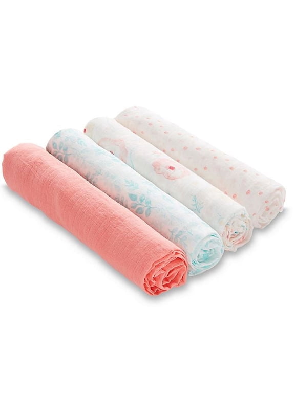 essentials, 100% Muslin Cotton Swaddle Blanket, Unisex, 4 Pack, Full Bloom