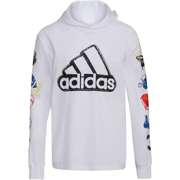 adidas Boys' Long Sleeve Cotton Jersey Hooded T-Shirt Tee, Sport Stamp on White, X-Large