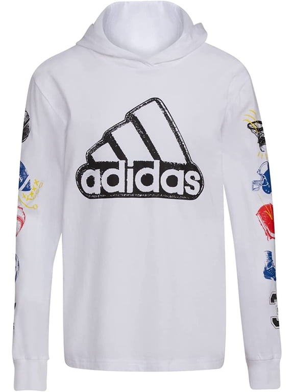 Boys' Long Sleeve Cotton Jersey Hooded T-Shirt Tee, Sport Stamp on White, X-Large