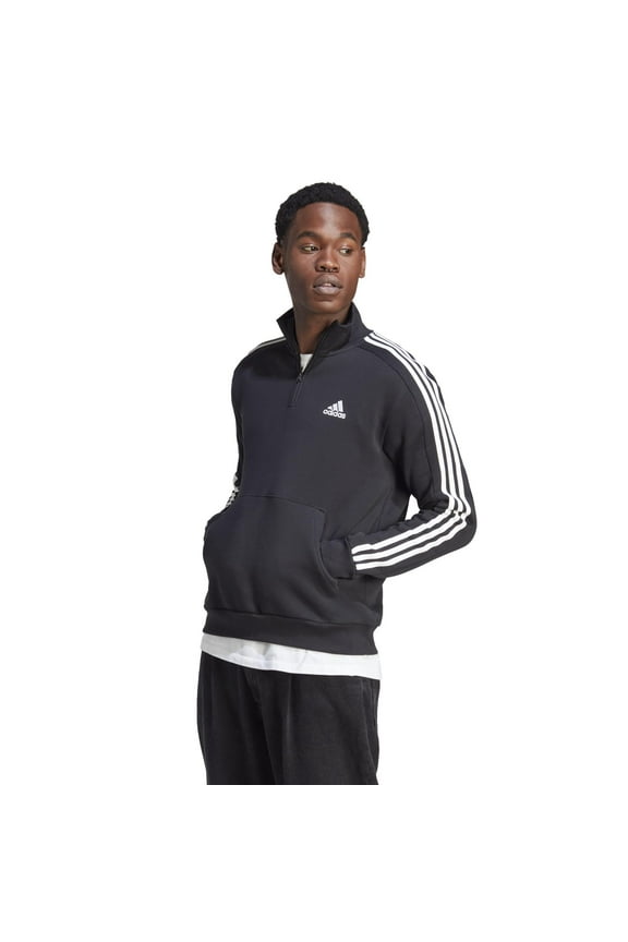 Essentials Fleece 3-Stripes 1/F4 Zip Hoodie (Mens, Black, MD, One Size)