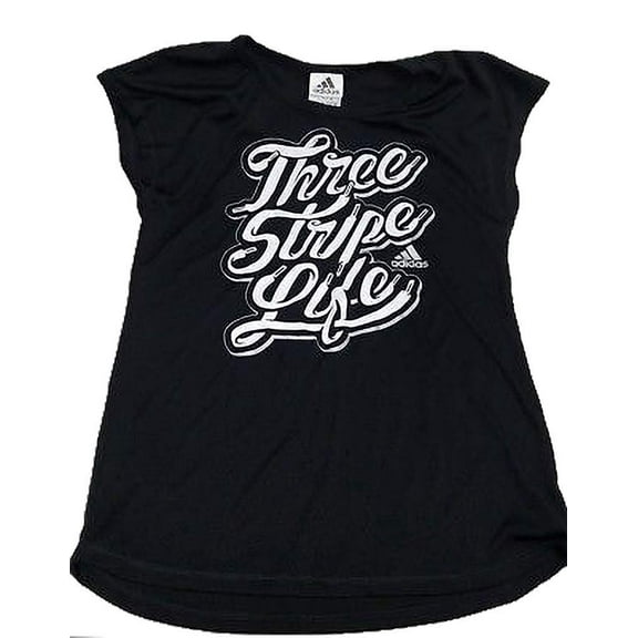 adidas Girl's Three Stripe Life Script Graphic Muscle Tee, Black, Small 7/8