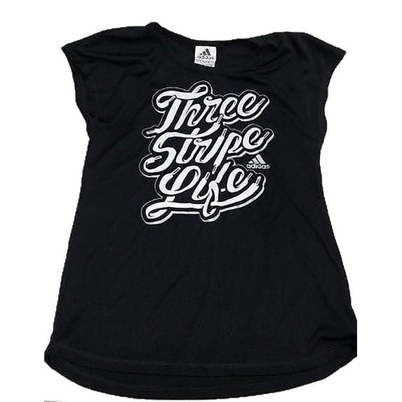 adidas Girl's Three Stripe Life Script Graphic Muscle Tee, Black, Small 7/8