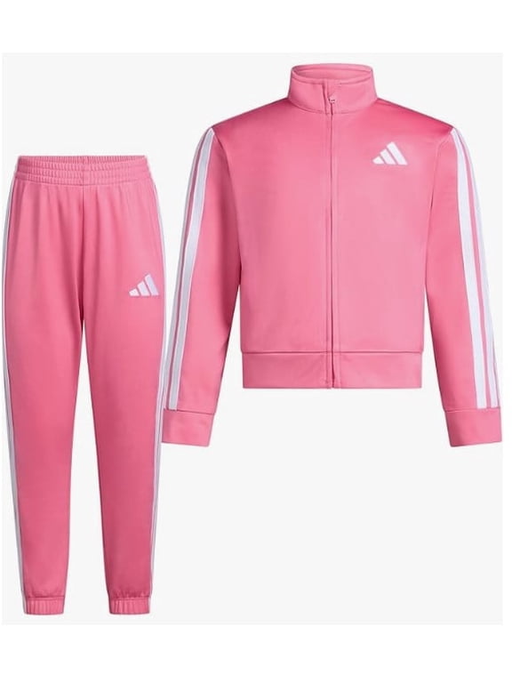 Girls Zip Front Classic Tricot Jacket and Joggers Set, Magenta Pink with White Stripes, Size 5