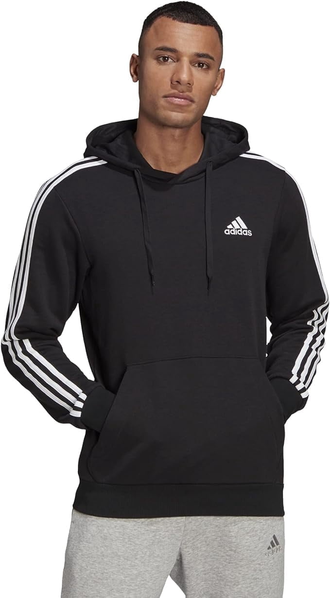 adidas Men's Essentials 3-Stripes French Terry Hoodie, Black/White, Large