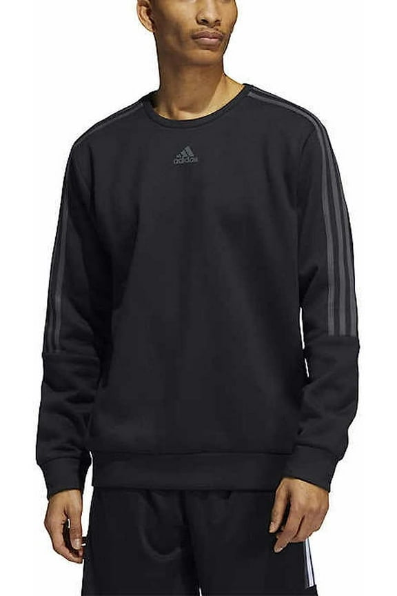 Men's Long Sleeve 3 Stripe Fleece Crew Sweatshirt Pullover (Black, Medium)