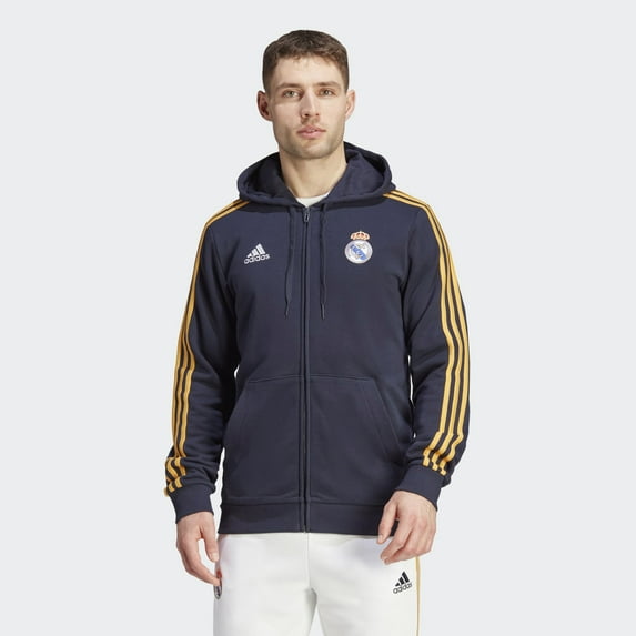 adidas Men's Soccer Real Madrid DNA Full Zip Hoodie 23/24 - Golden 3-Stripes, Soft French Terry Fabric- X-Large