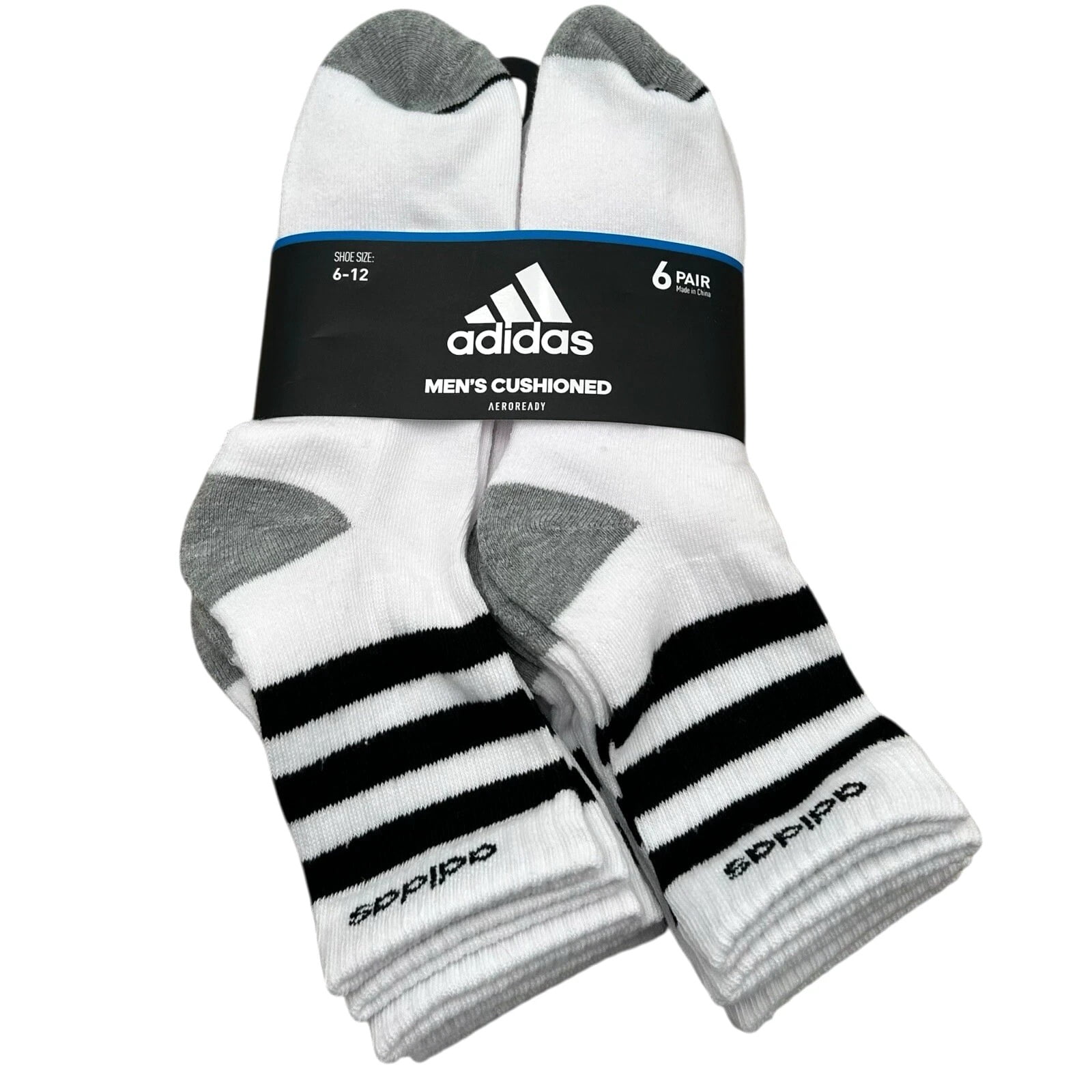 adidas Mens Athletic Mid Calf Socks 6pk Cushioned Size 6-12 White-Black 3-Stripe