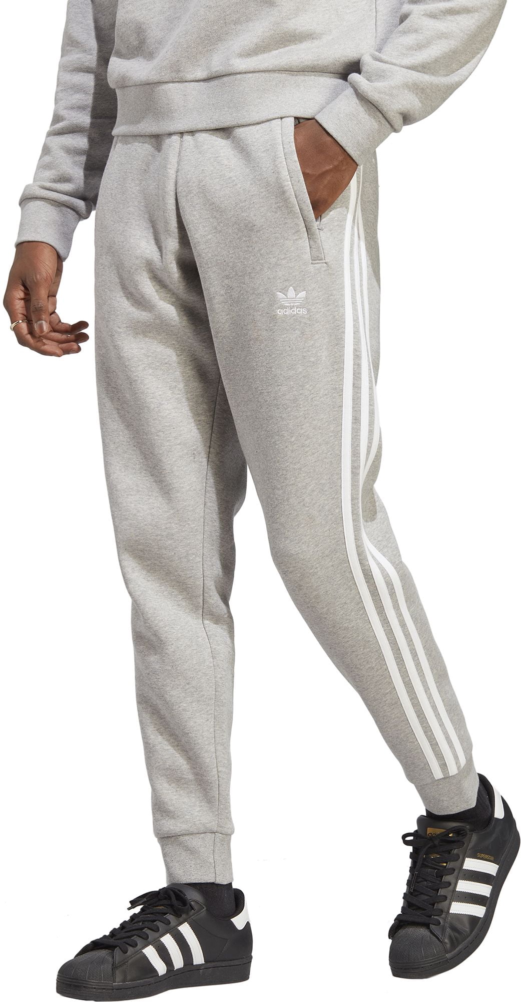 adidas grey 3 stripe joggers