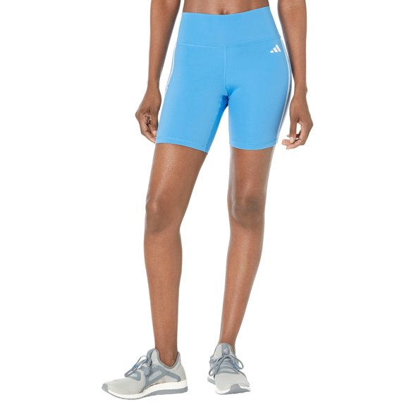 adidas Training Essentials 3-Stripes High-Waisted Shorts (Womens, Pulse Blue, LG)