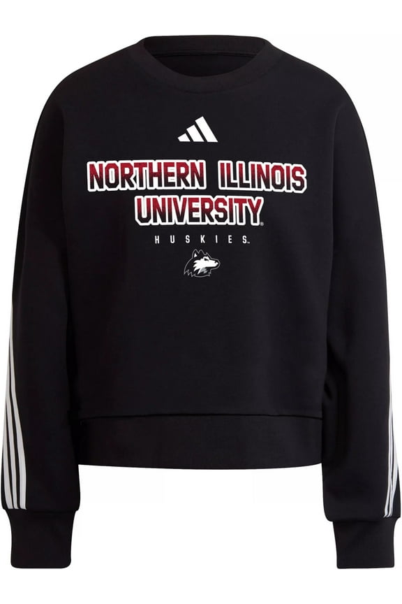 Women's Long-Sleeve Northern Illinois 3-Stripe Crew Pullover Sweatshirt (Black, Small, S)