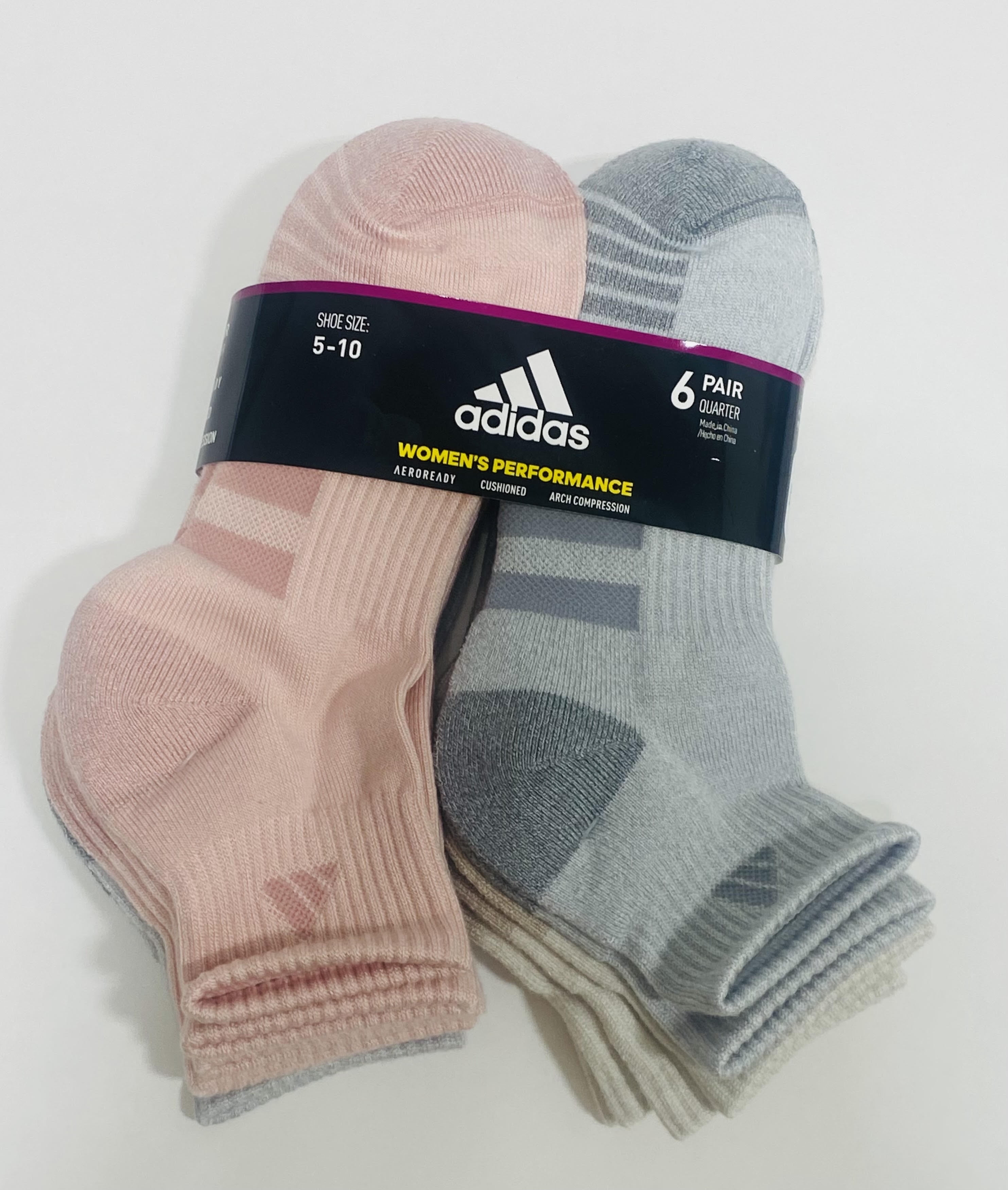 adidas Women's Quarter Cushioned Socks 6-Pack, Gray/Pink/Beige
