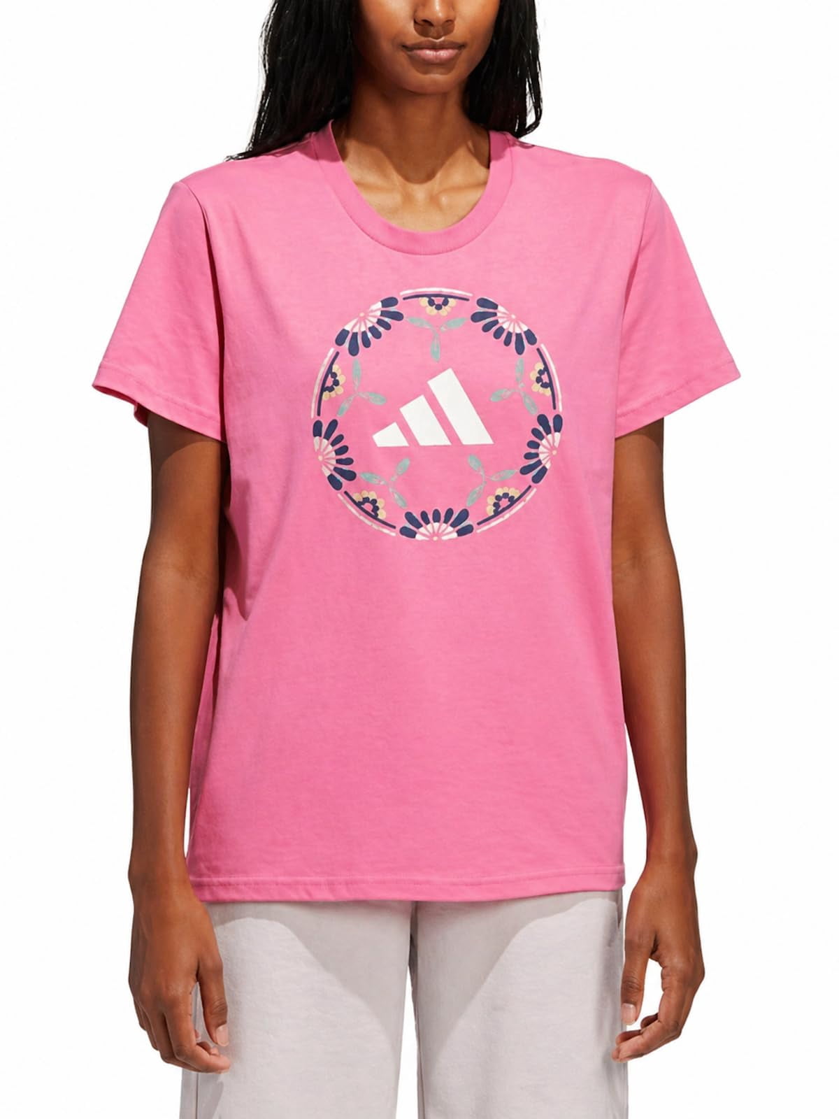 adidas Women's Short Sleeve Cotton Soccer Ball Graphic Tee Shirt (US, Alpha, Medium, Regular, Regular, Pink (Pnkfus))