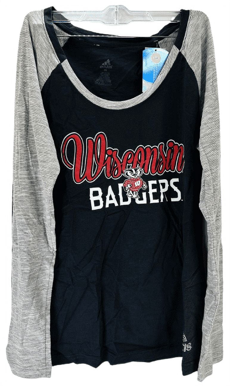 adidas Women's Wisconsin Badgers Tail Sweep Bling Slub T-Shirt- Black/Heather,XL