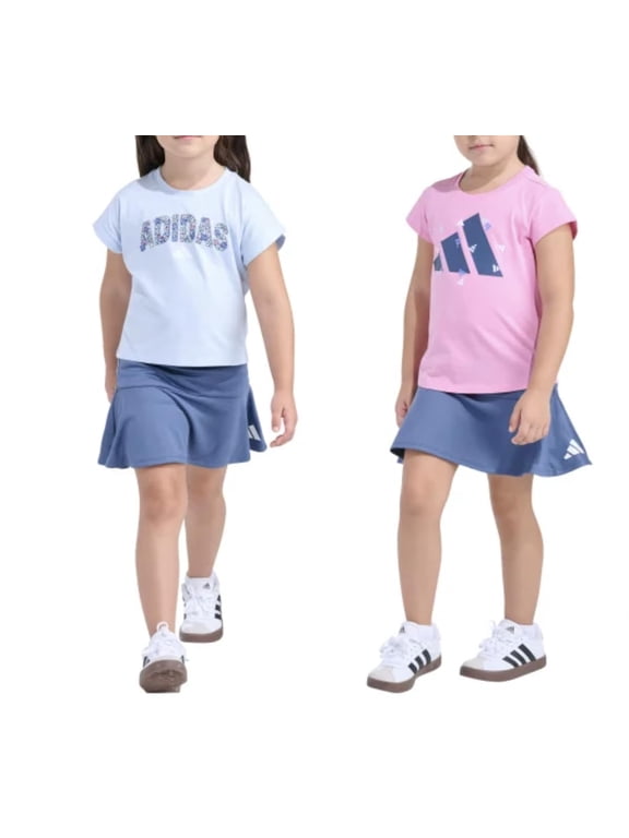 Youth Girl's 3 Piece Active Outfit Set, 2 Tees and 1 Bottom (Blue (Blue/Pink), 2T)