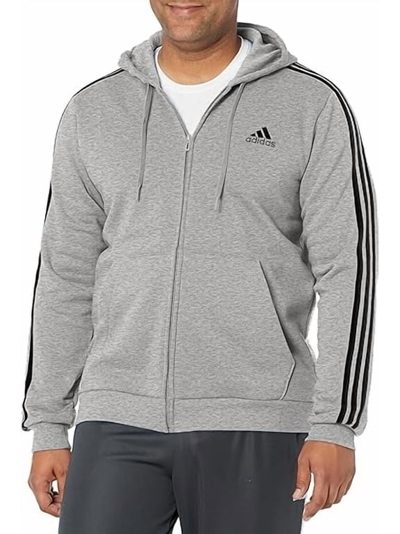 mens Essentials 3-stripes Fleece Full Zip Hoodie Jacket, Dark Grey Heather 1, XX-Large US