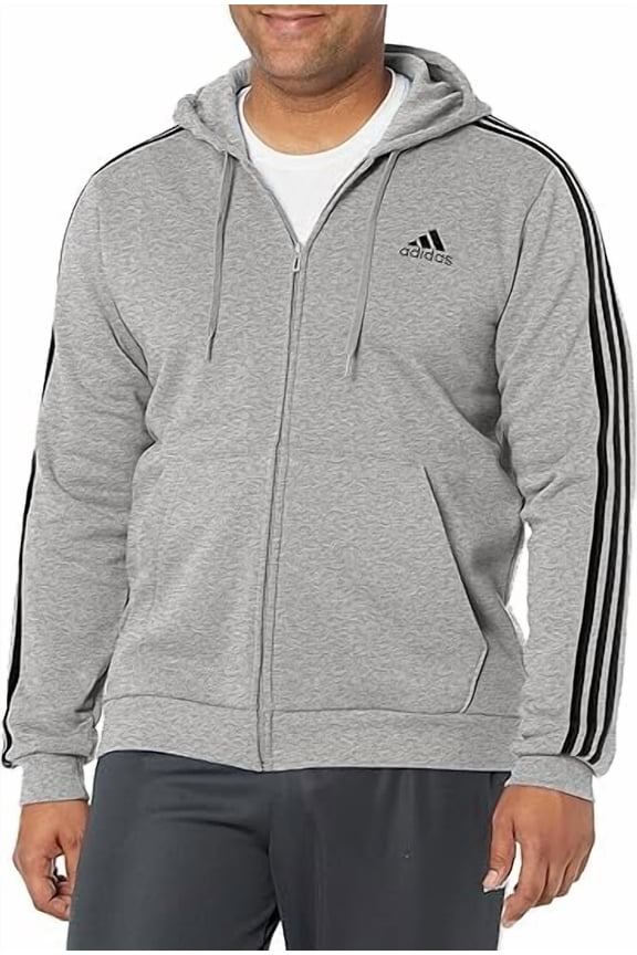 mens Essentials 3-stripes Fleece Full Zip Hoodie Jacket, Dark Grey Heather 1, XX-Large US