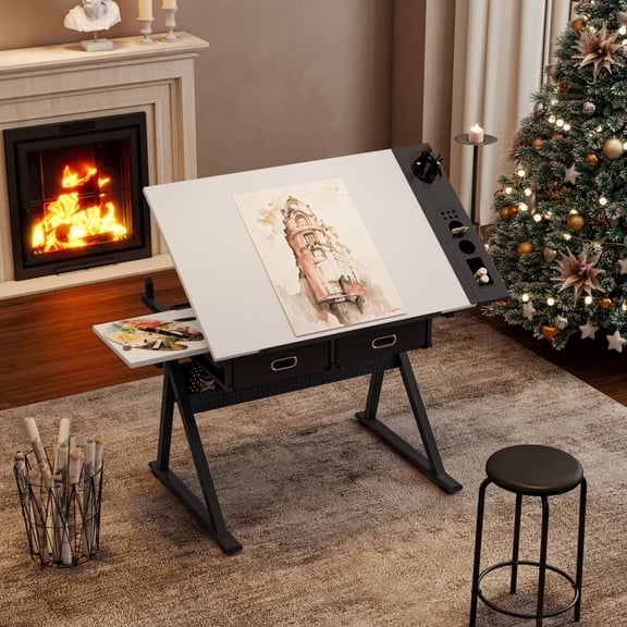 adjustable drawing drafting table desk with 2 drawers for home office and school with stool(white)