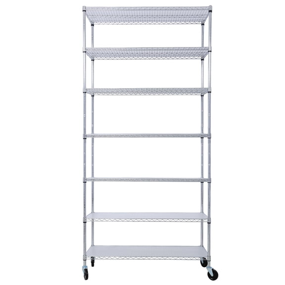 adjustable storage rack 7 Tier Metal Shelf Wire Shelving Unit, 2450lbs Capacity with Wheels & Shelf Liners for Closet Kitchen Garage Basement Commercial Shelving - 81.5 H x 48 L x 18 D