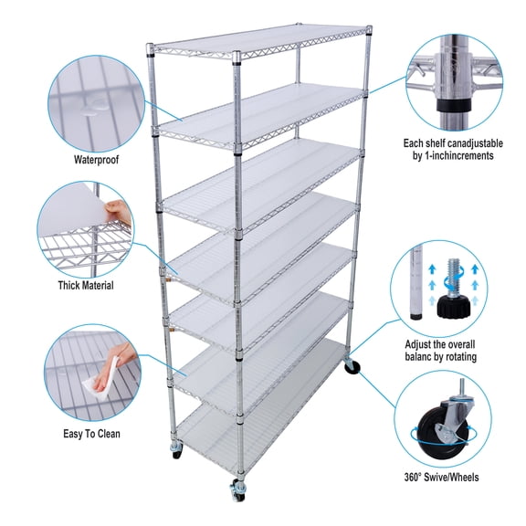 adjustable storage rack 7 Tier Metal Shelf Wire Shelving Unit, 2450lbs Capacity with Wheels & Shelf Liners for Closet Kitchen Garage Basement Commercial Shelving - 81.5 H x 48 L x 18 D