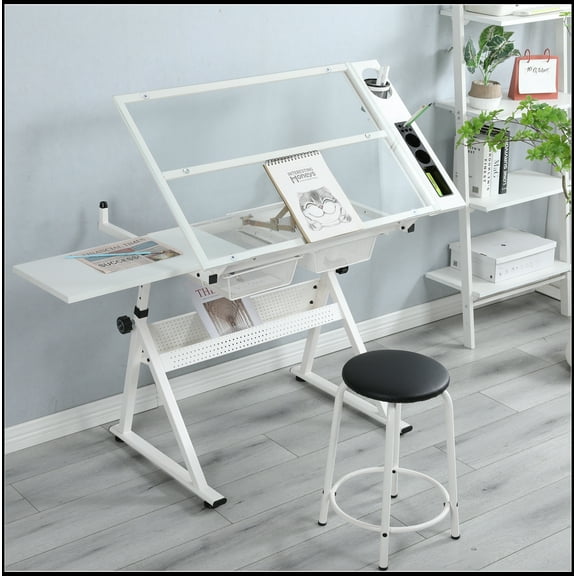 adjustable tempered glass drafting printing table with chair