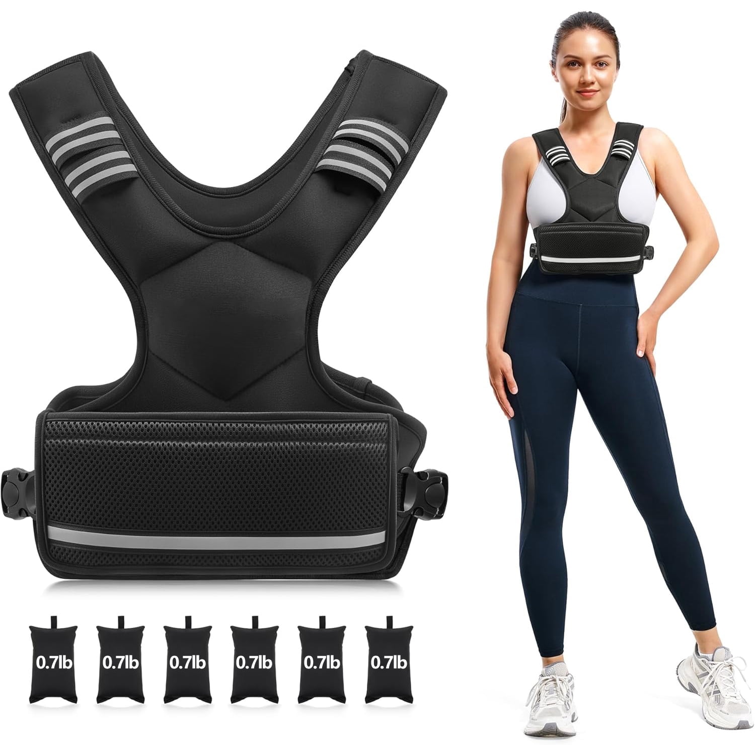 Behome Adjustable Weighted Vest, 7-11lb Vest with 6 Ironsand Weights, Large Pocket & Reflective Strip, for Men Women, Running Walking Exercise Workout