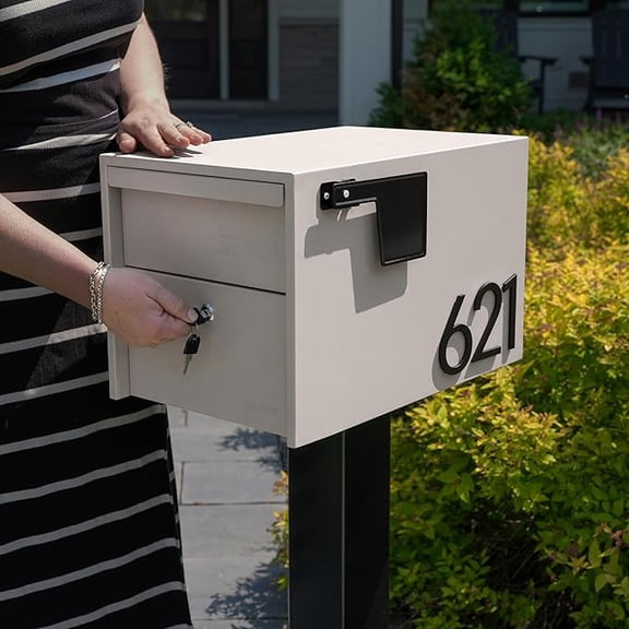 Adoorn Lockable Post Mount Mailbox | Small (Sandstone), Size 12 x 12 x 18.5 (HxWxD) Anti-Theft Locking Mailbox with 2 Keys, Modern Mailbox with Flag, Weatherproof Mailboxes for Outside