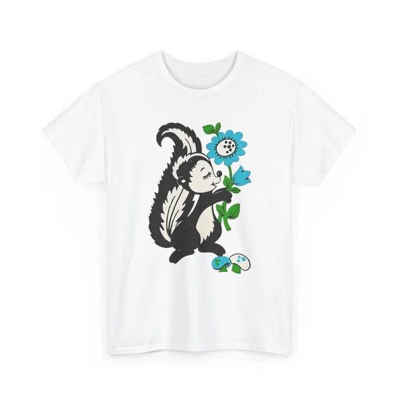 adorable cartoon skunk, flowers, and toadstools 1970s graphic tshirt