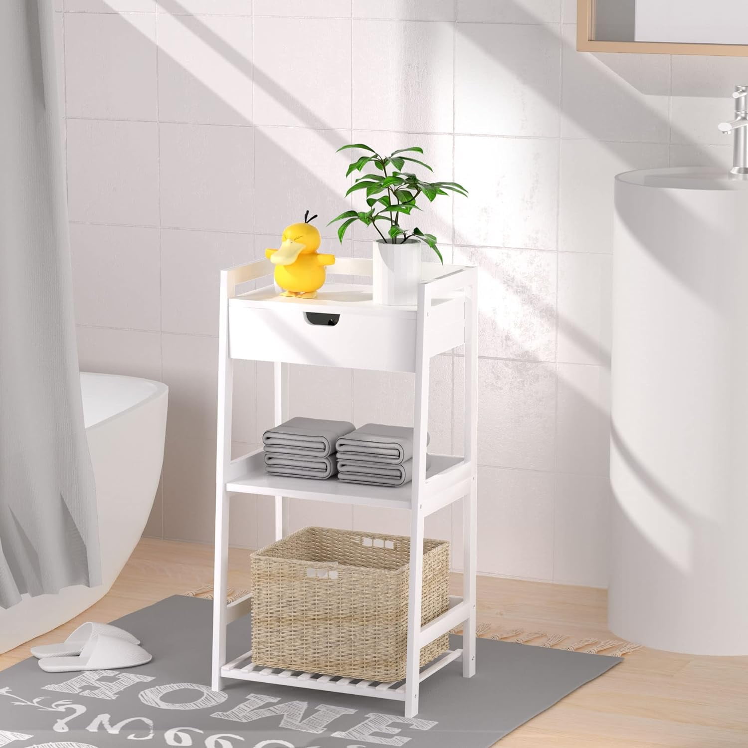 adreman 3Tier Bathroom Ladder Shelf, Bathroom Floor Storage Shelf with