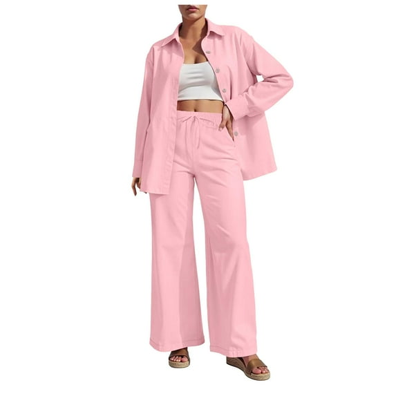 adviicd 2 Piece Outfits for Women Casual Lounge Sets Long Sleeve Button Down Shirts and Wide Leg Pants Sets Tracksuit (Pink, S)