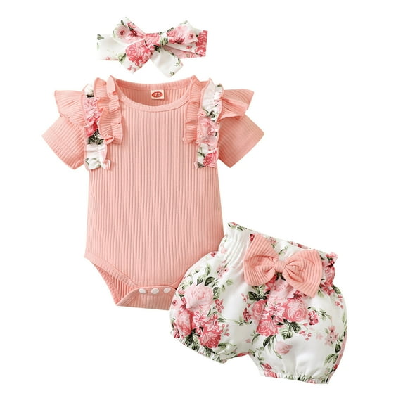 adviicd Baby Girl 6-9 Months Clothes Girls Ruffles Short Sleeve Ribbed Romper Bodysuits Bowknot Floral New Born