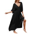 thumbnail image 1 of adviicd Beach Cover Ups For Women 2023 Women's Summer Casual Tshirt Dresses V Neck Short Sleeve Loose Dress with Pockets Black One Size, 1 of 3