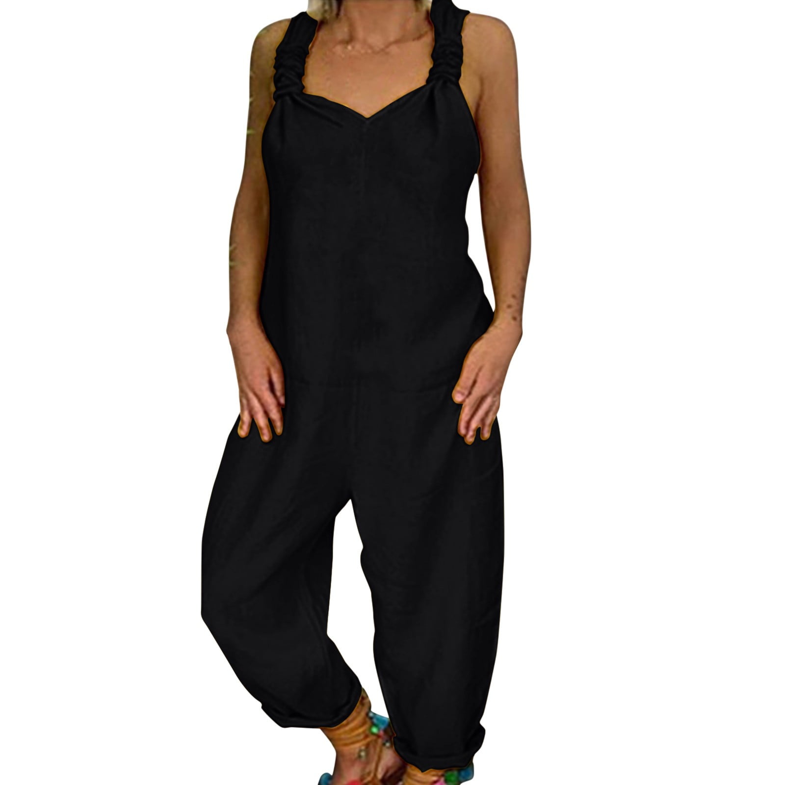 Wide Leg Jumpsuits with Pockets Womens V-Neck Sling Jumpsies