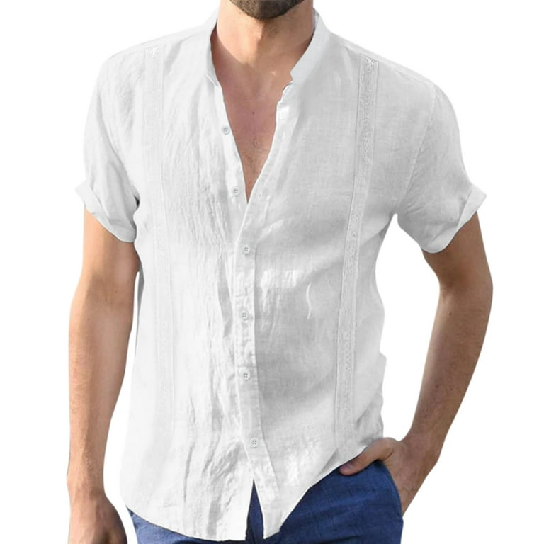 White Mens Shirts Male Summer Casual Embroidery Edge Solid Shirt Short  Sleeve Lapel Collar Shirts 