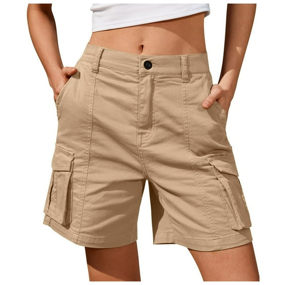 adviicd Bermuda Cargo Shorts for Women Knee Length 6 Pockets Elastic Waist Long Shorts for Summer Casual Khaki, XL