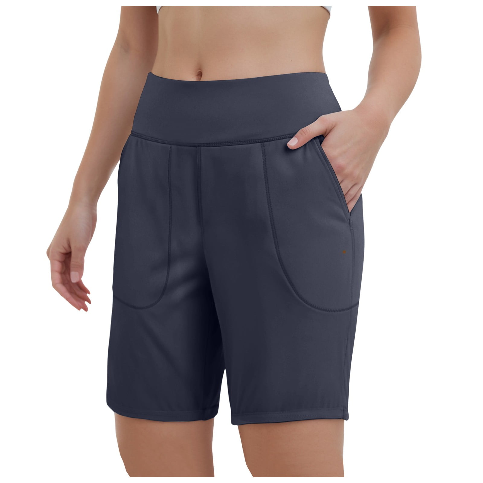 ChinFun Women's 10" High Waist Yoga Shorts - Bermuda Athletic Shorts With Deep Pockets, Moisture Wicking