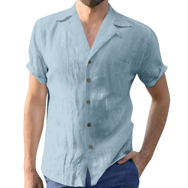 adviicd Blue Button Down Shirt Men Mens Short Sleeve Shirts Button Down  Tops Beach Linen Fishing Tees Spread Collar Plain Summer Blouses Blue XL