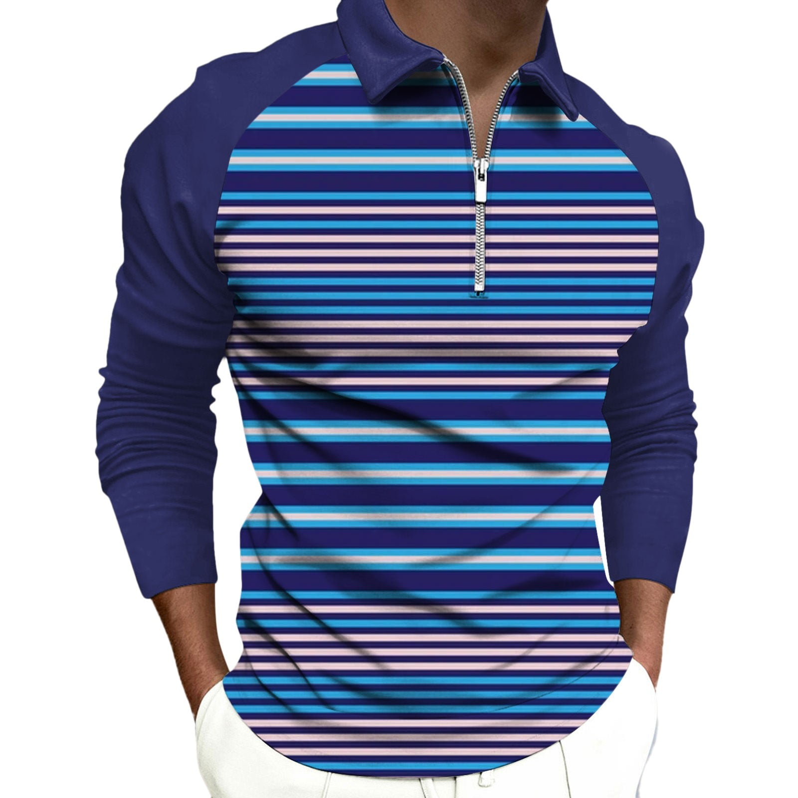 MTENG Polo Shirts for Men Long Sleeve Striped Cotton Shirts Casual