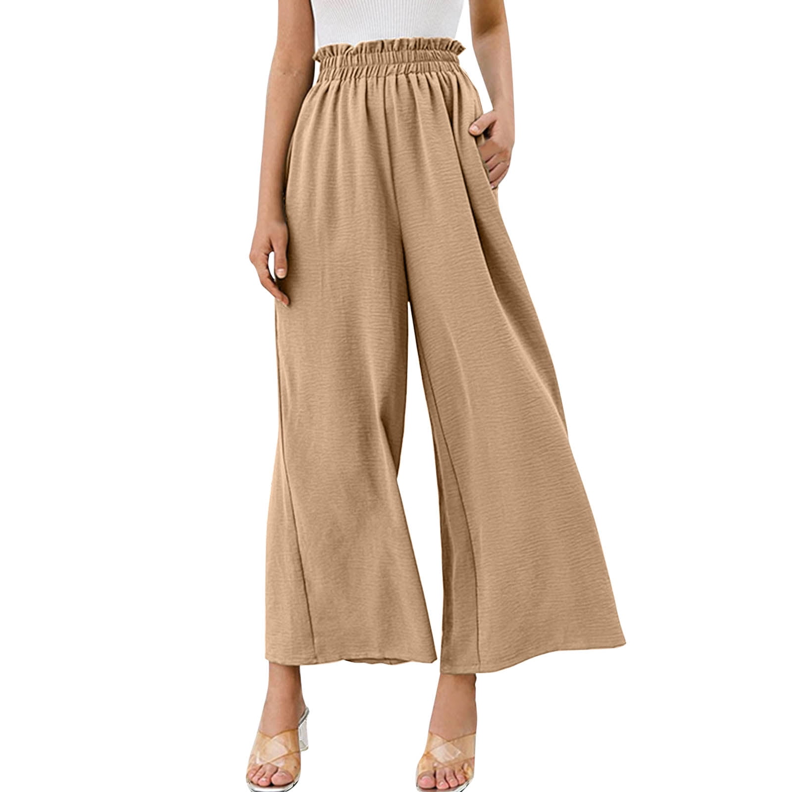adviicd Business Casual Pants Plus Size Cargo Pants For Women Women's  Stretchy Solid Color High Waisted Wide Leg Palazzo Pants with Pockets Khaki  2XL 