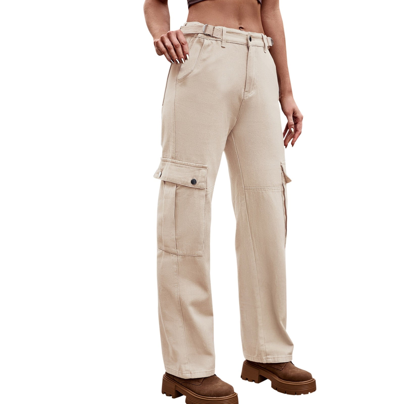 Khaki Wide Leg Pants Unisex Large Pocket Cargo Pants Solid Color