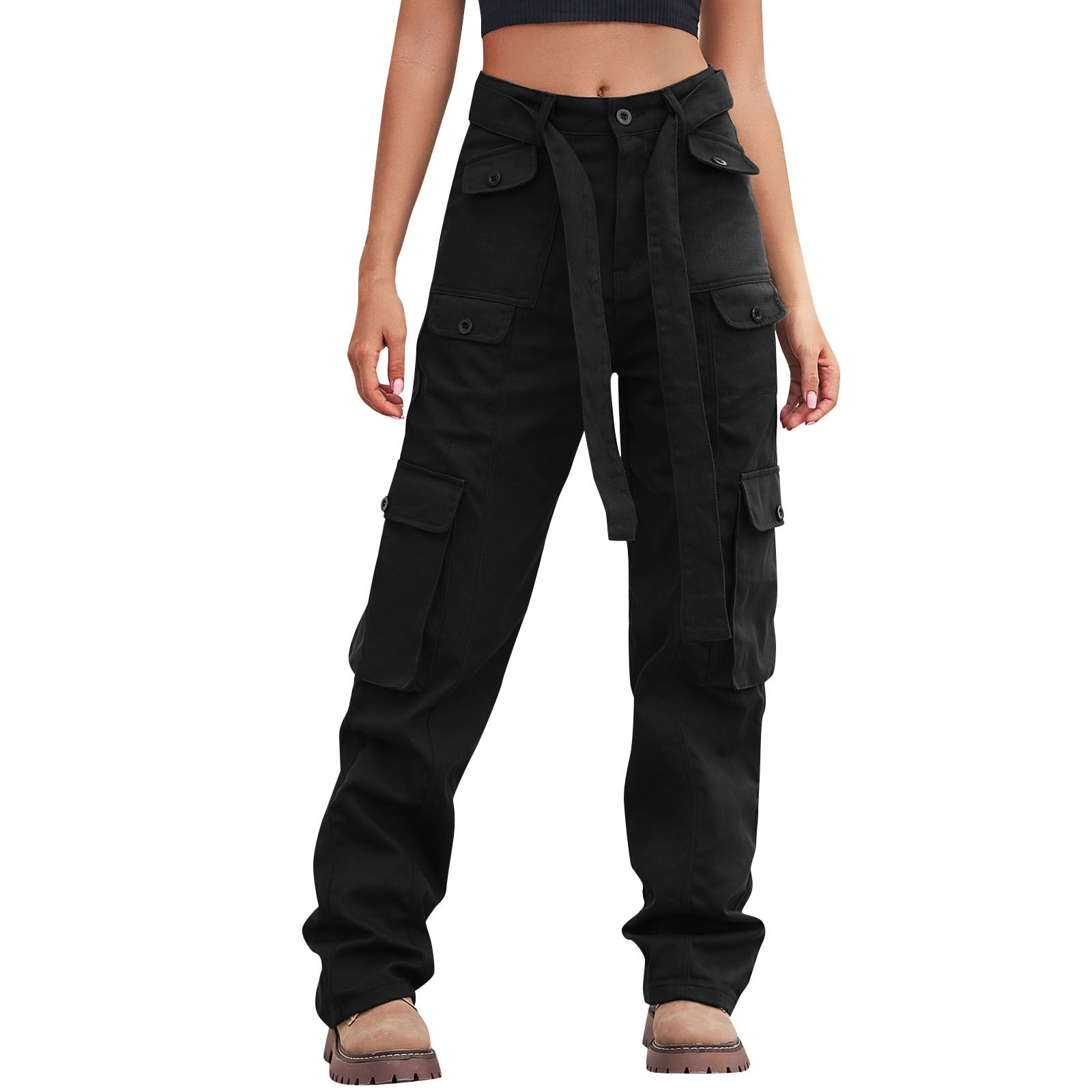 GOTOTOP Womens Casual Elastic Waist Comfy Cropped Work Pants with Pockets  High Waist Paper Bag Pants(S-Black) at  Women's Clothing store
