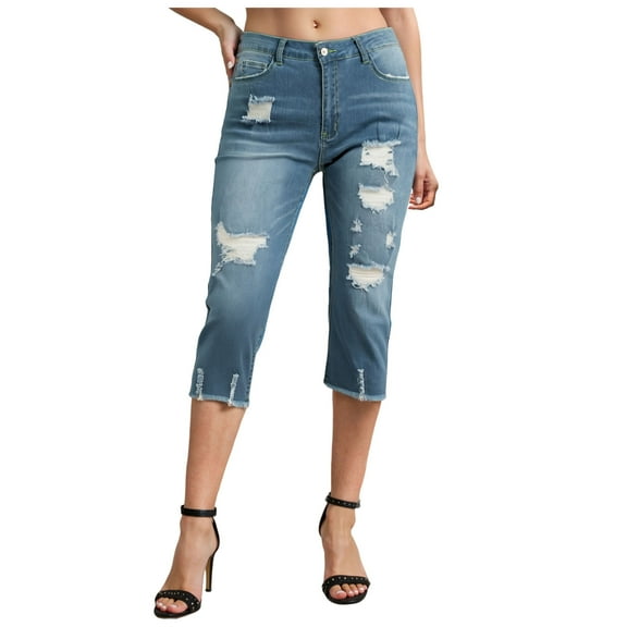 adviicd Capri Jeans for Women Distressed Skinny Denim Capris Jeggings Stretch Slim Fit Cropped Pants (Light Blue, S)