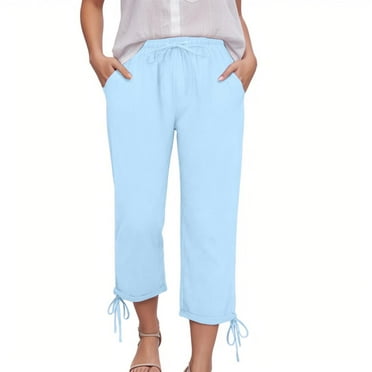 adviicd Capris Pants for Women Cotton Linen Casual Summer 2025 Drawstring Elastic Waist Straight Wide Leg Loose Cropped Trouser Sky Blue, XXL